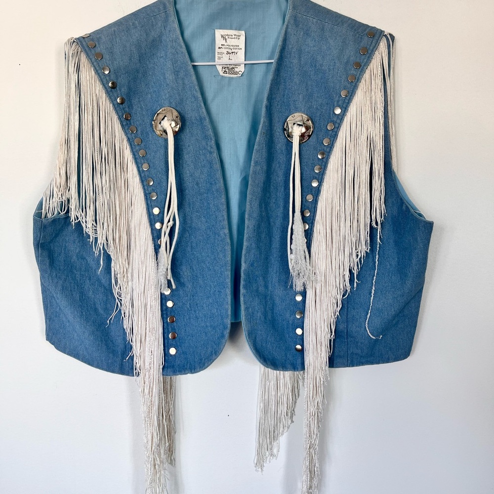 Epic Vintage Blue Denim Fringe Western Vest. Made in Canada